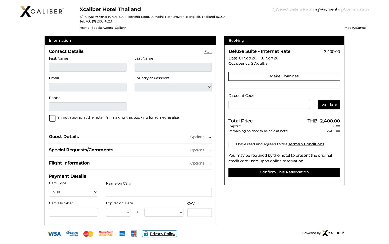 Step three: the checkout page with contact details, payment details, and a booking panel showing the room, total price, deposit, balance due at hotel and a discount code field